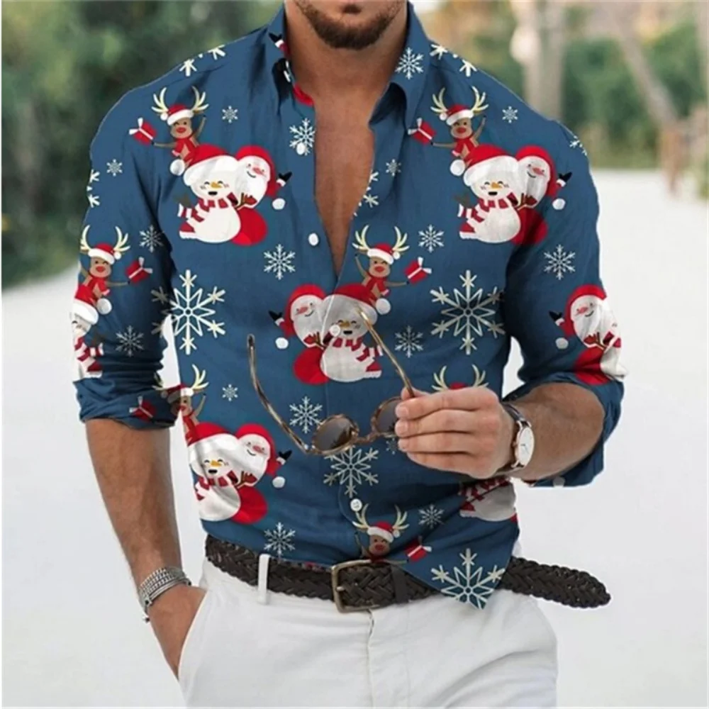 Men's Shirts Funny Christmas Snowman Theme 3D Print Casual Long Sleeve Street Tops Unisex Holiday Party Cartoon Hawaiian Shirts