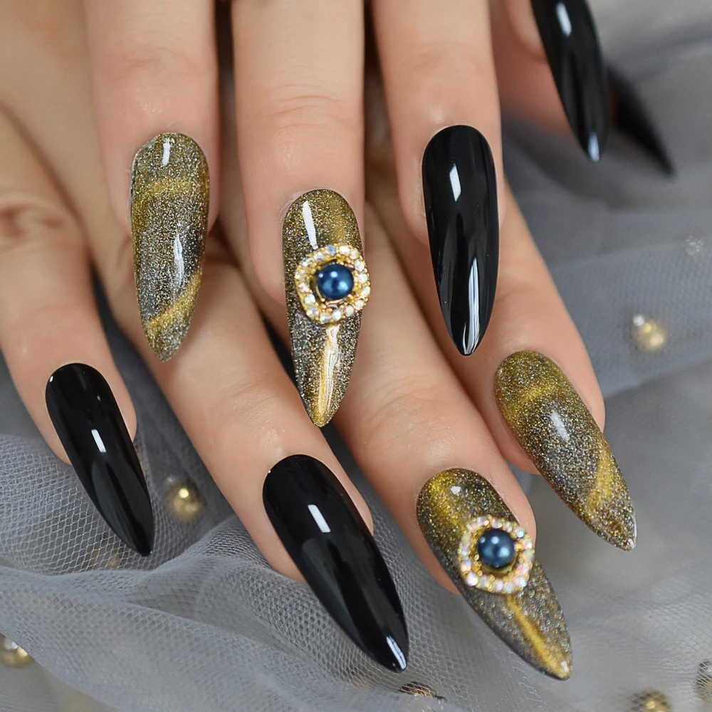 Fashion Cat Eye 3D Luxe Jewelry Gems Stiletto False Fake Nails Extra Long Press on Party Finger Wear Star Shimmer Starry Style