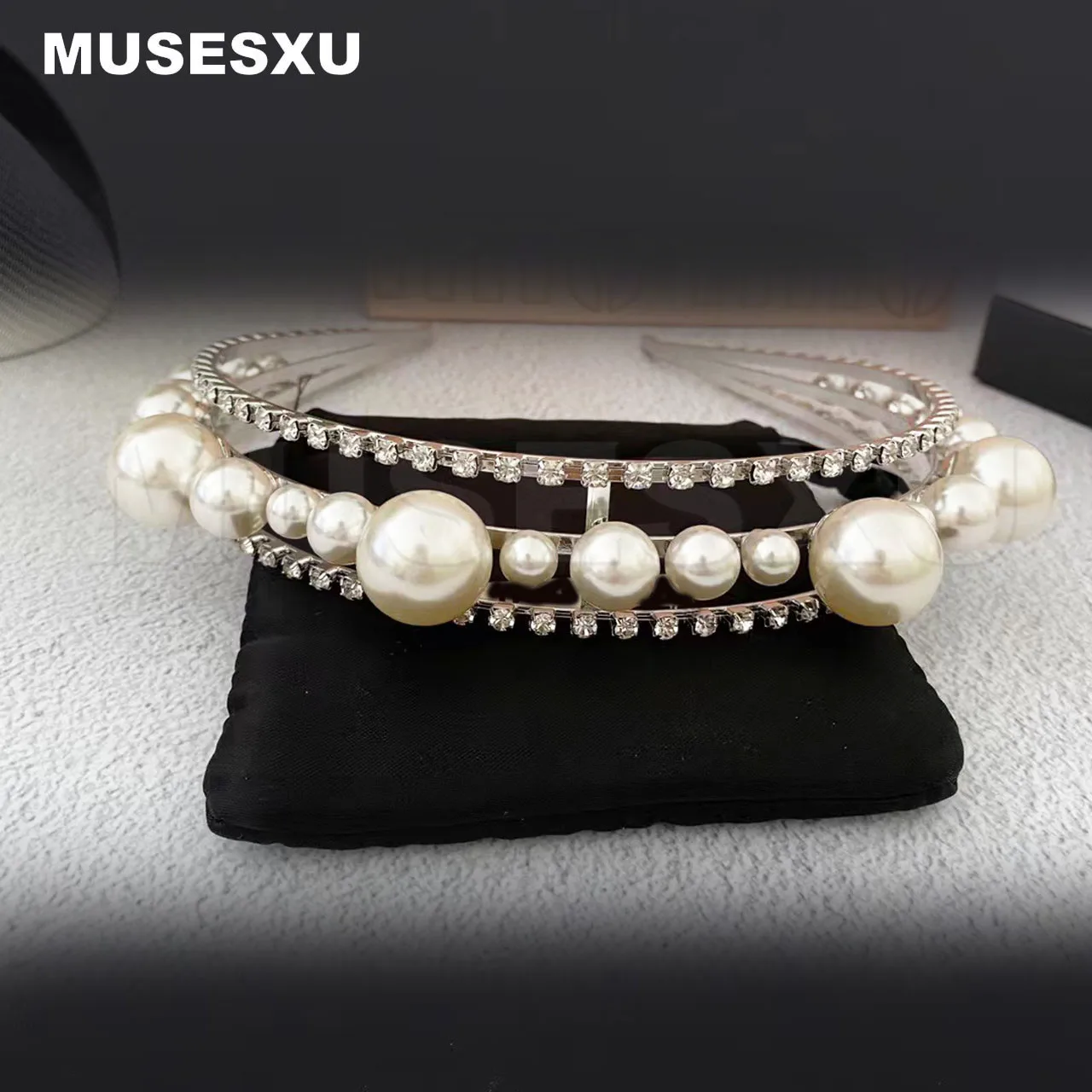 2022 Jewelry & Accessories Inlaid Crystal Pearls Of Different Sizes Three Layer Hair Band For Women's Fashion Party Wedding Gift