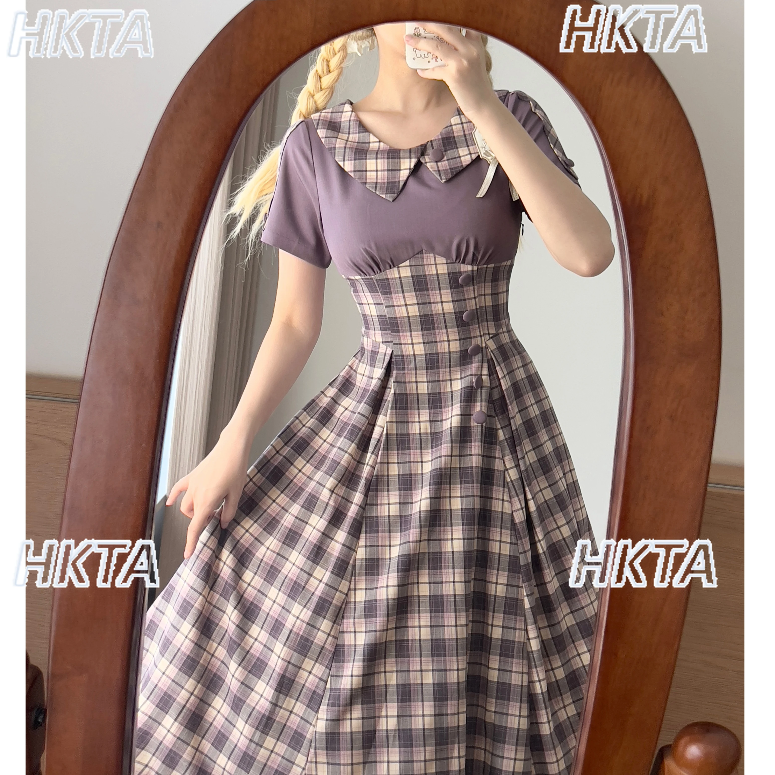 Vintage Stijl Zoete Pop Kraag Geruite Lange Jurk Vrouwen Nieuwe Zomer Elegante Hoge Taille Slanke A-lijn Licht Paarse Jurken voor Meisje