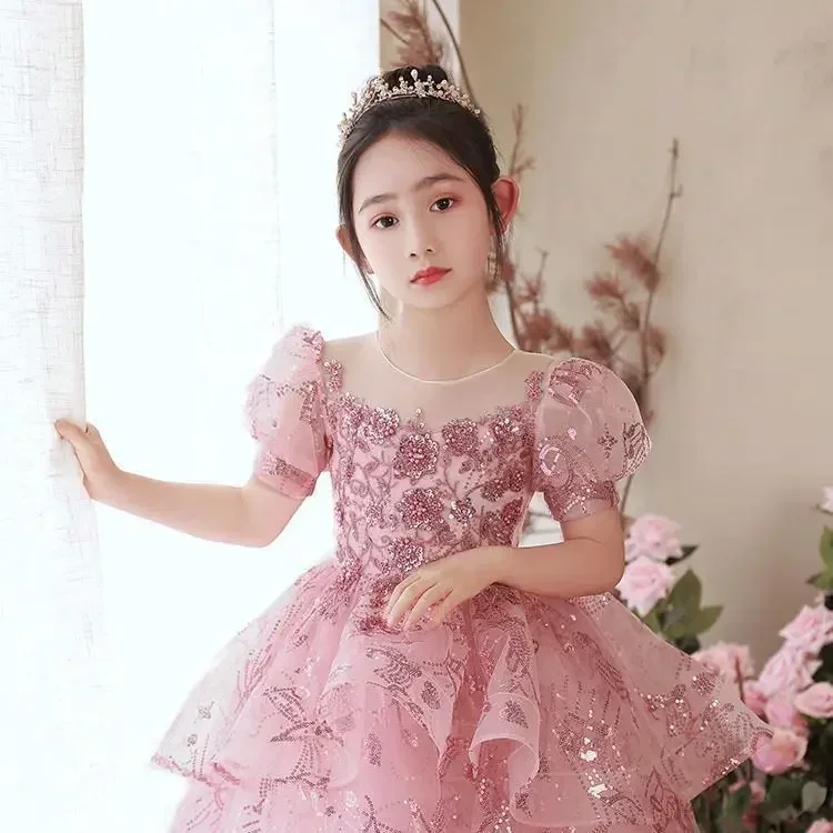 Flower Girl Dress Piano Performance Dress 2024 Spring New Little Girl Pink Fluffy Yarn Show Host Dress