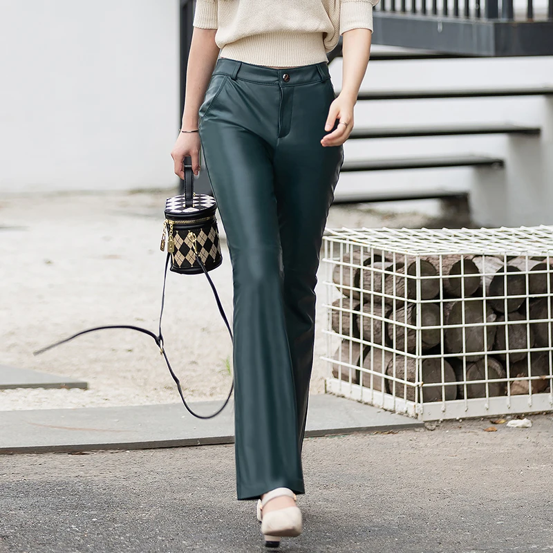 Autumn Winter Women\'s Real Leather Trousers 2023 New Female High Waist Slimming Sheep Skin Micro Flared Trousers Casual Pants