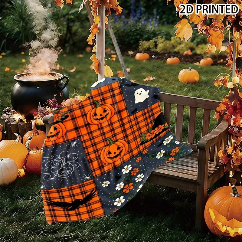 Halloween Spooky Patchwork Print Throw Blanket with Jack-o'-Lantern,, Crow & Witch Hat Elements, Multiple Specifications Availab