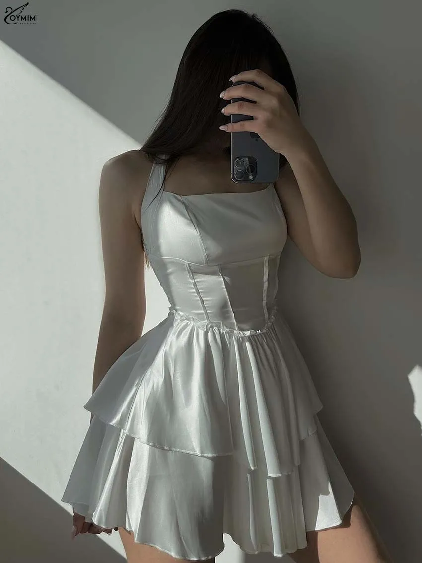 

Oymimi Fashion White Satin Dresses 2025 Woman Elegant Halter Neck Open Back Slim Dresses Casual High Waist Pleated Mini Dress