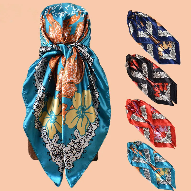 

Luxury Silk Satin Hijab Scarf For Women Printed Kerchief Hair Scarfs Female 90cm*90cm Square Shawl Wraps Neck Scarfs For Ladies