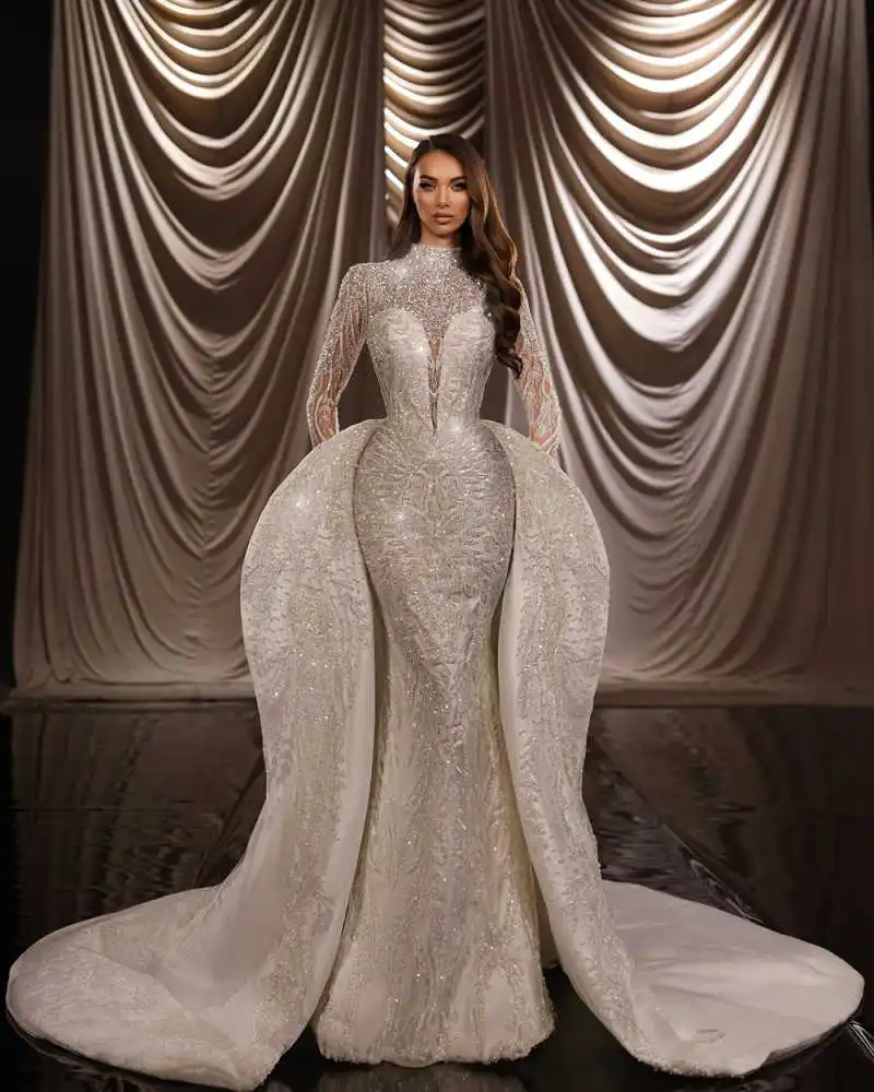 Modern Mermaid Wedding Dress High-Neck Bridal Shine Sequin Gowns Dress Appliques 3D-Lace Vestina De Novia Plus Size Customized
