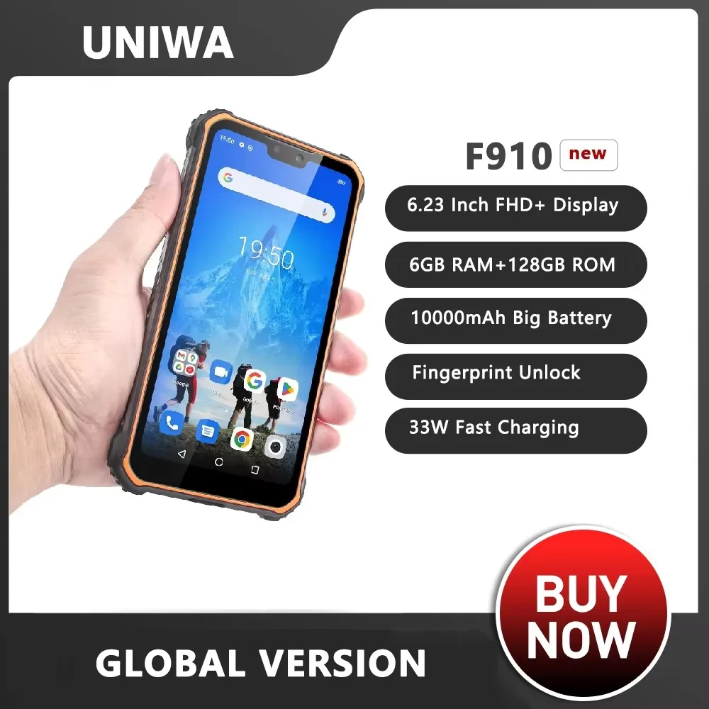 UNIWA F910 4G Rugged Smartphone Android IP68-Fingerprint Unlock 10000mAh 6GB+128GB 6.23 Inch FHD+ Cellphone NFC Global Version