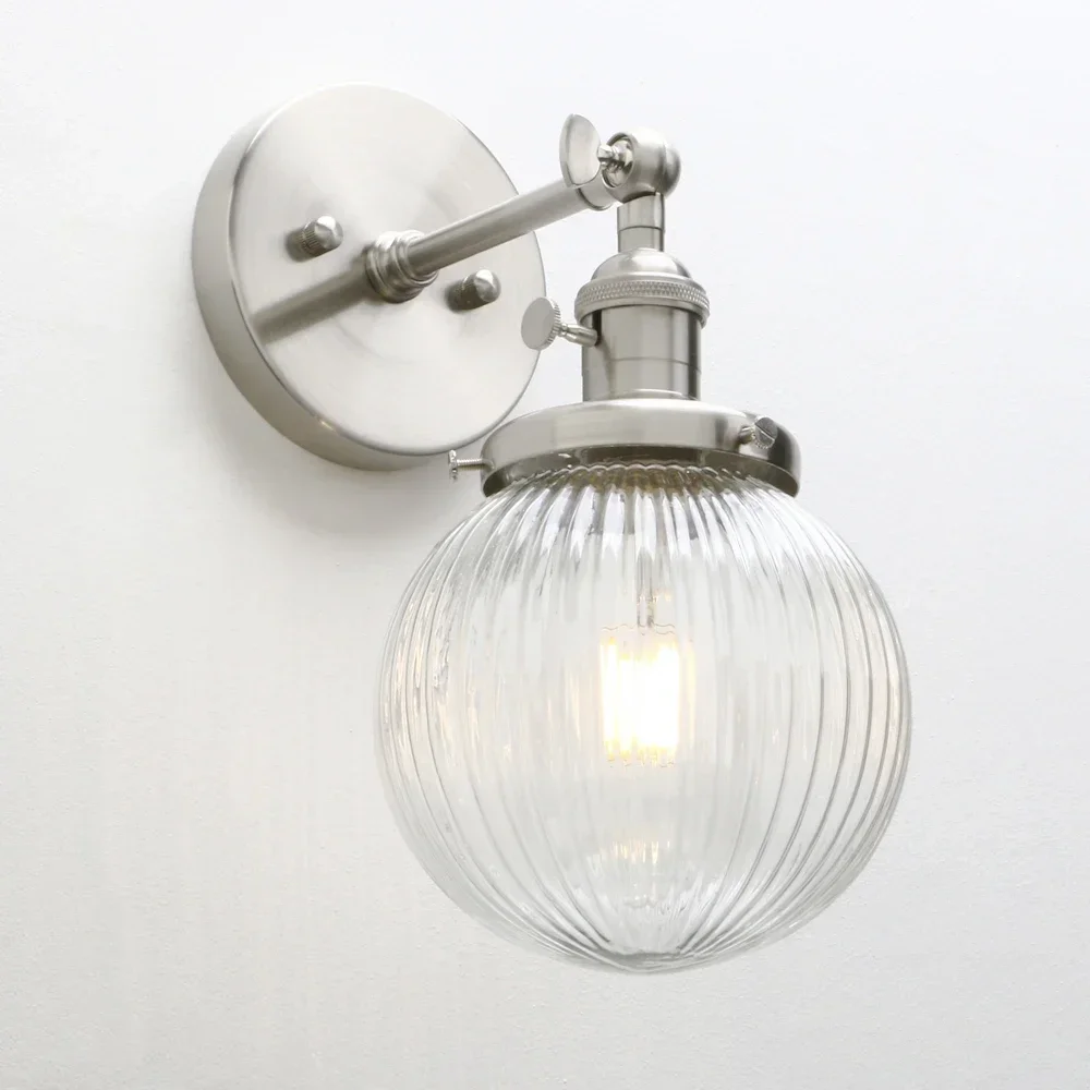 

Industrial Glass Wall lamp Sconce Lighting Fixture with Mini 5.9" Round Clear Globe Ribbed Shade (Chrome) PhansthyVintage lamp