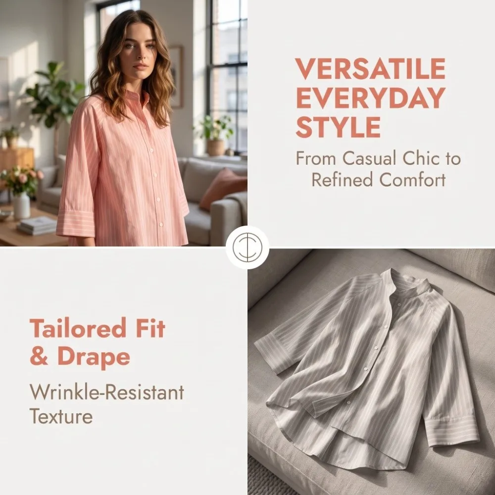 Gestreiftes, lockeres Hemd, elegantes Oberteil mit mittellangen Ärmeln und Knöpfen, europäisch-amerikanischer Stil, asymmetrische, lässige Bluse für Damen – Detail 3
