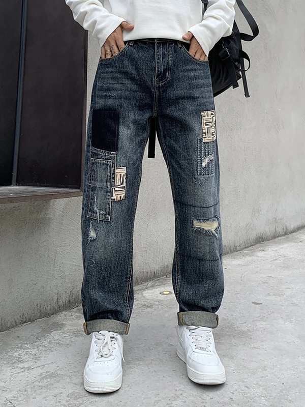 

Retro American Sle Men's Jeans Patchwork Hole Design Loose Straight Leg Cone aped Long Trousers Trendy Casual Cotton Stre...