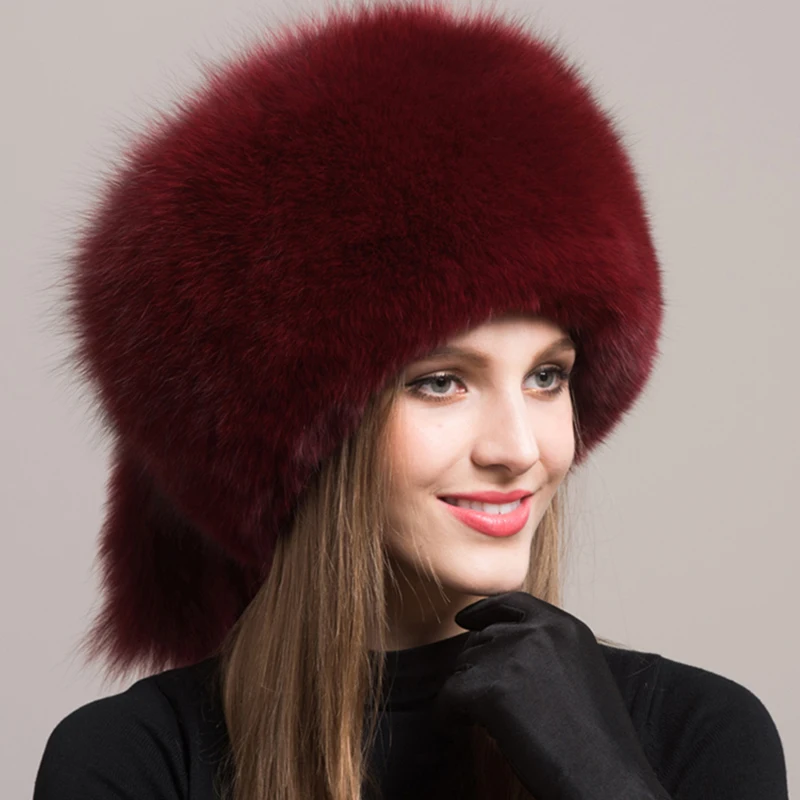 Winter Women Fashion Real Fur Hat Natural Fox Fur Hats Headgear Russian Outdoor Cap Ladies Thicken Warm Fur Caps