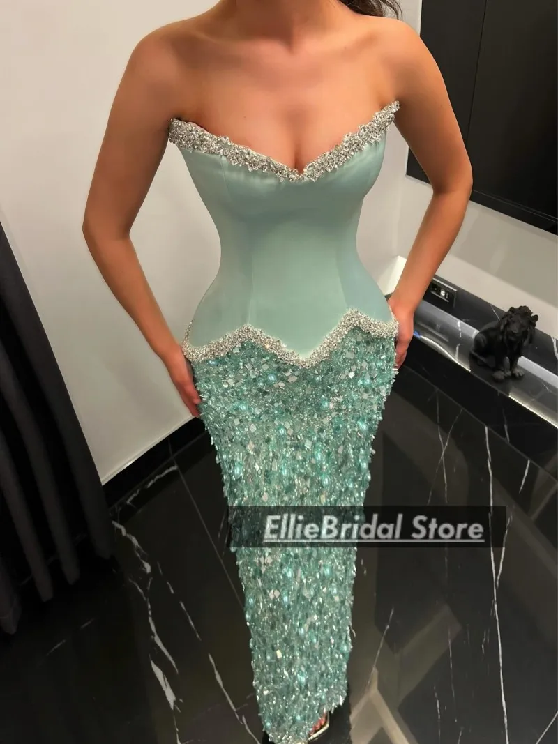 Abiti da sera verde salvia per occasioni speciali Abito da cerimonia nuziale a sirena con paillettes di cristallo Dubai Abito da ballo elegante personalizzato