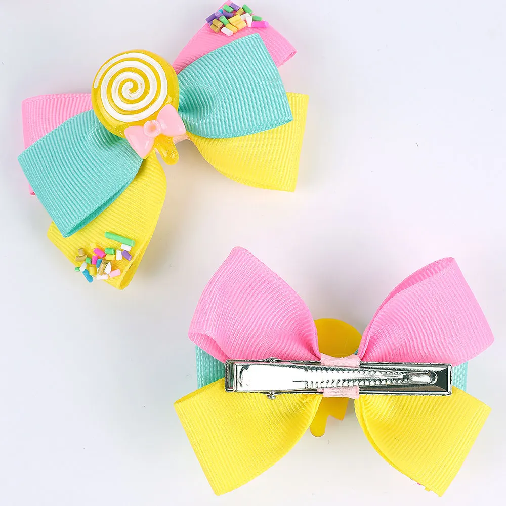 2Pcs Lollipop Hair Bow Clip Cute Candy Girls Rainbow Hairpin Ribbon Bowknote Headwear Toddler Barrettes Girls Hair Accessories