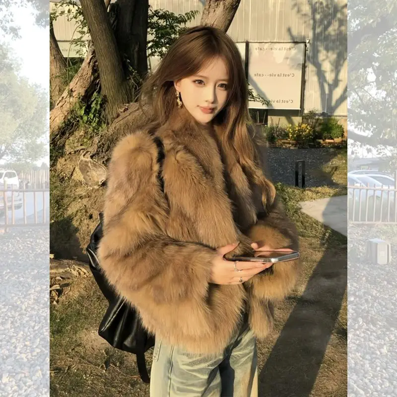Brown Environmentally Friendly fox fur Grass Coat for Women's Winter 2026 New Retro Short Style Solid Color High-end Plush Top