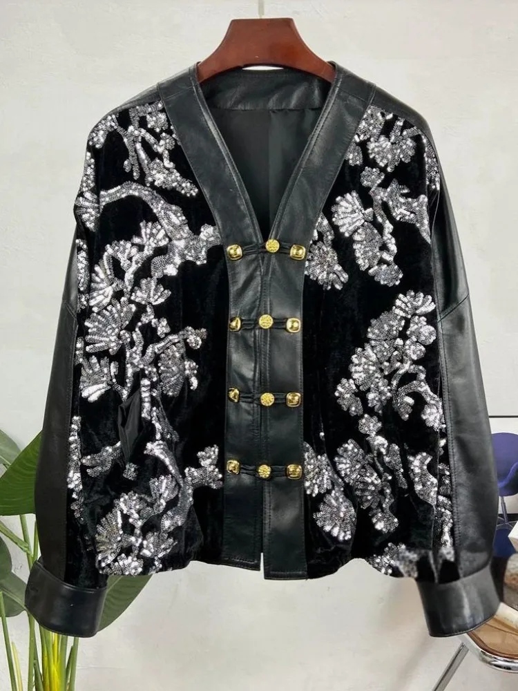 New Spring Vintage Spliced Sequined Women Velvet Genuine Leather Jacket V-Neck Long Sleeve Short Coat Single Breasted Outerwear - view 2