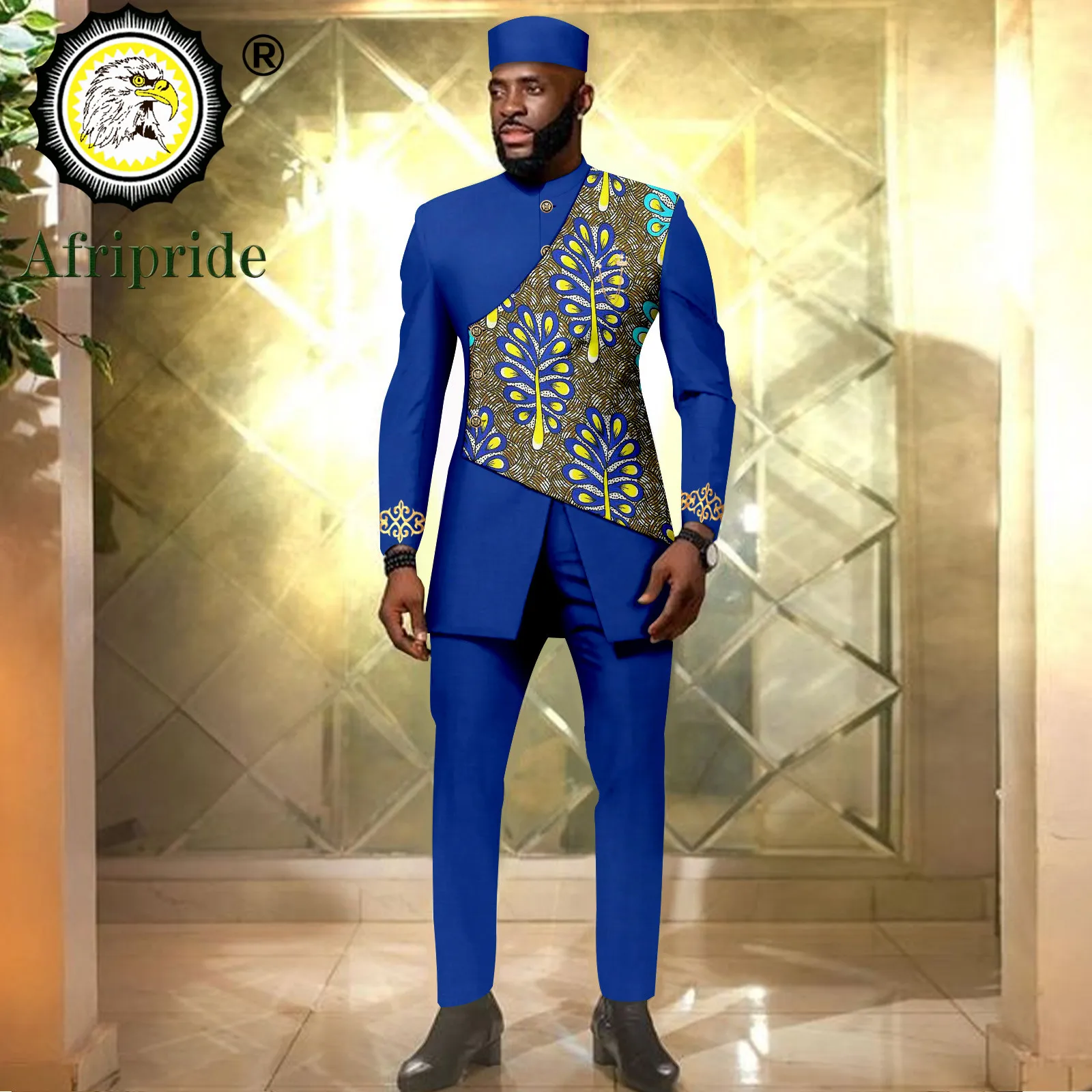 Men`s Suit Embroidery Double Breasted Print Blazer Trousers and Hat Set Formal Outfits African Clothes for Wedding 2416032