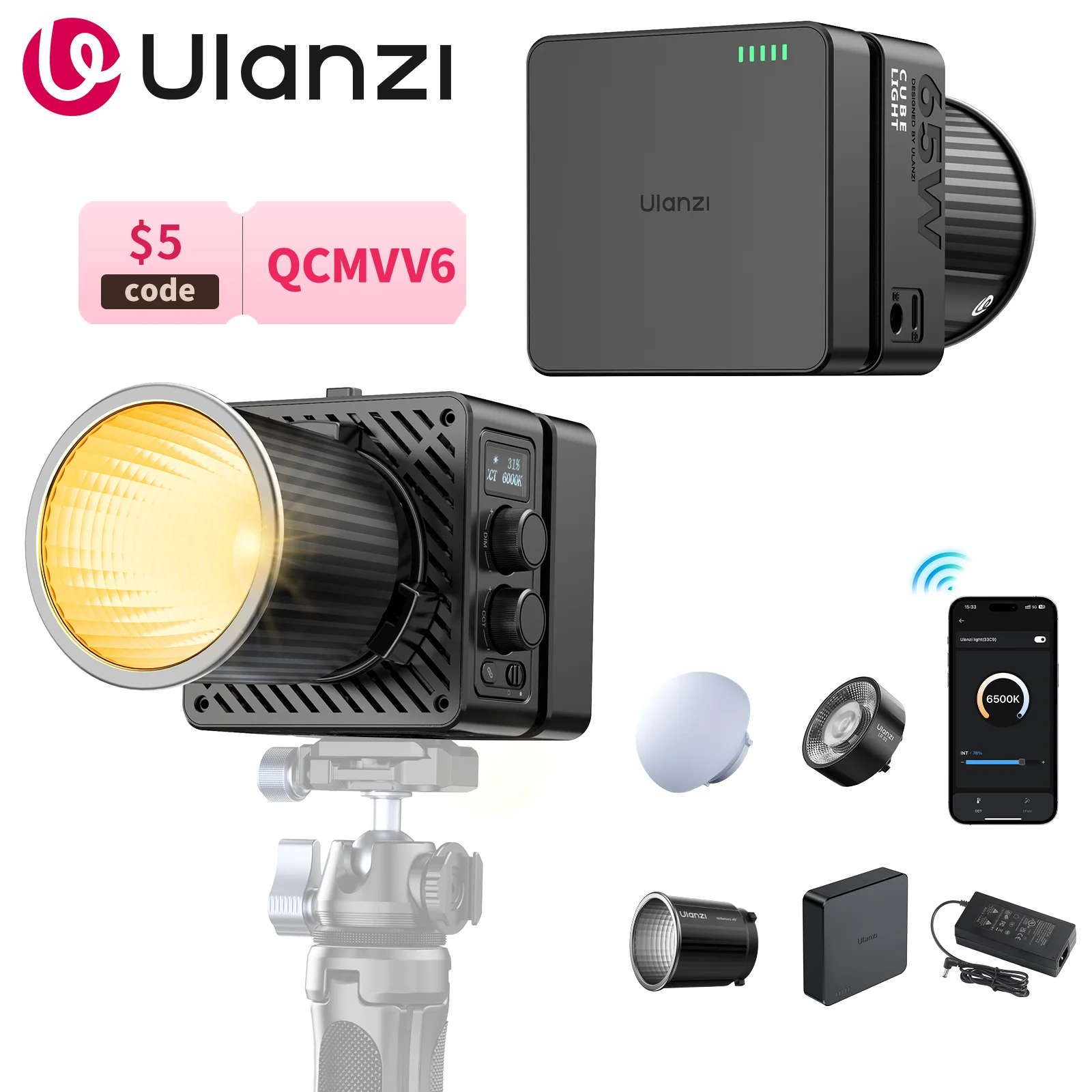 Ulanzi EC65 Video Light 65W LED Lamp with Diffuser Reflector Optical Condenser Mini Bowens Mount Bi-color 2700-6500K COB Light