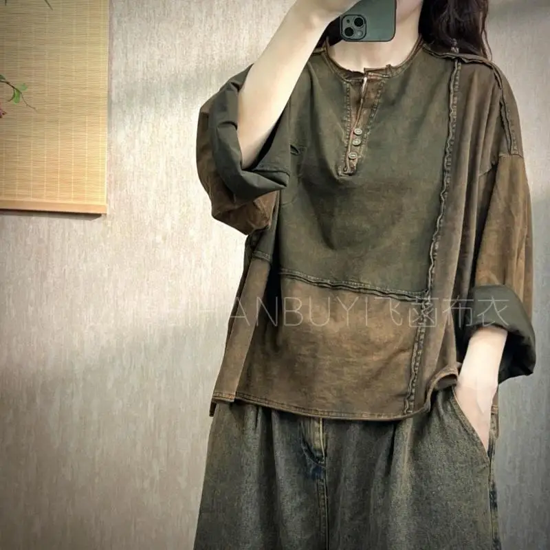 

Spring Summer Arts Style Women 3/4 Sleeve Loose Tee Shirt Femme Tops Good Quality Cotton Vintage Patchwork O-neck Tshirt Y5761