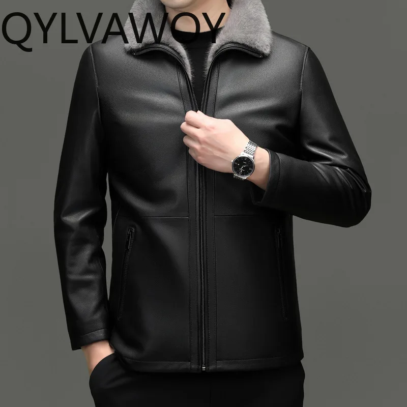 QYLVAWOY Real Goatskin Leather Jacket Lapel Mink Fur Collar Mid Length Coats for Man Mink Fur Liner Casual Jackets Куртка Зимняя