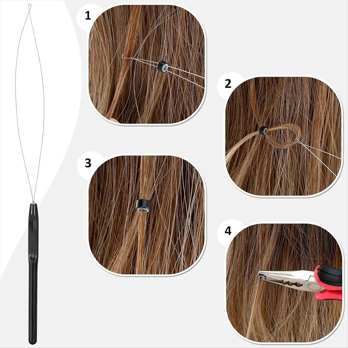 [NEW] Hair Extension Tools Kit, 600 Silicone Lined Micro-Rings, 1 Plier, 2 Hook Needle Pulling Loop, 10 Curved Hair Needle Et