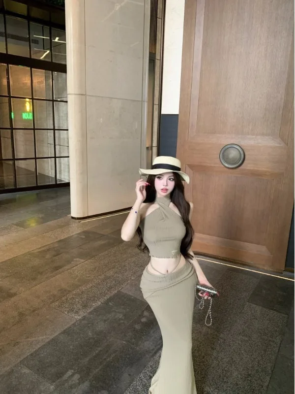 

Комплект Spicy Girl Lady: Вязаный жилет и облегающая юбка с высокой талией для женщин, летний комплект из двух предметов