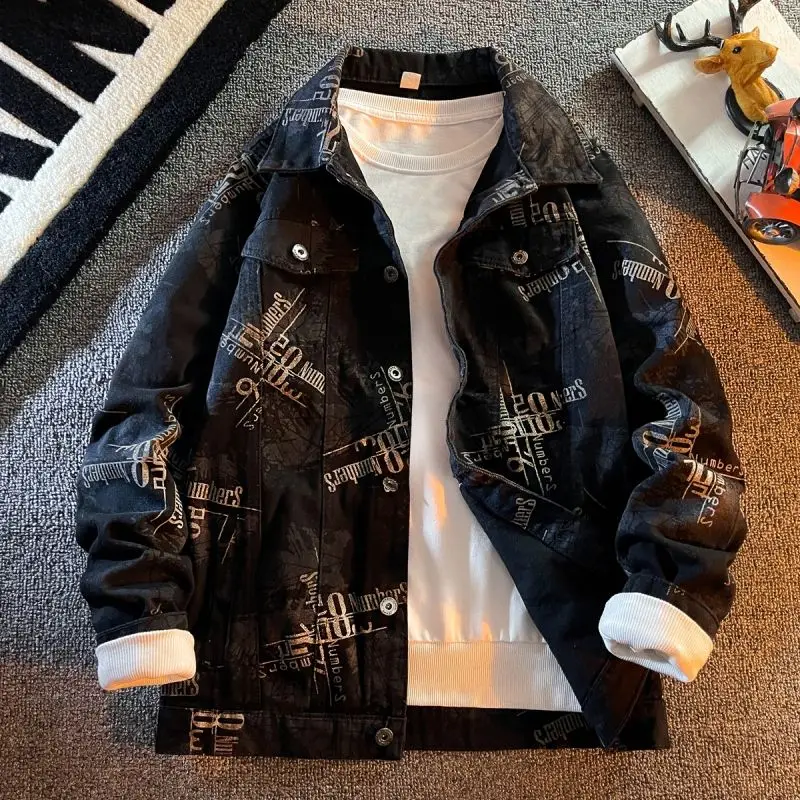 

Men Korean Streetwear Printed Denim Jacket Trendy Oversized Graphic Letter Print Jean Coat Cool Casual Fashion Outerwear Top