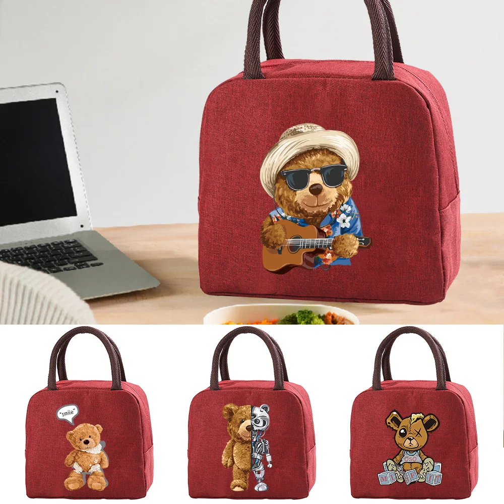 

Portable Lunch Bag Food Picnic Lunch Box Insulated Thermal Handbag Women Cooler Bag Bear Print Fresh Bento Food Pouch Container