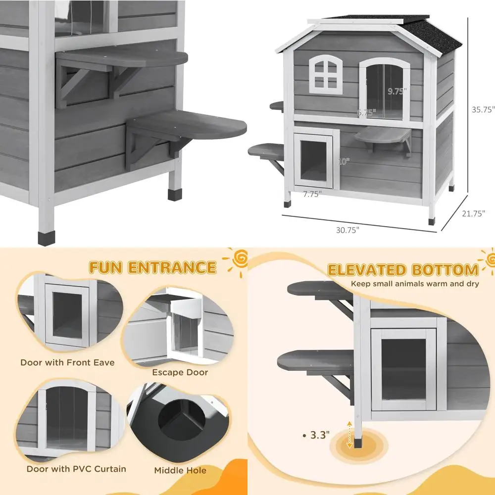 

Уличный всепогодный деревянный вольер для нескольких кошек с удобной дверцей, открывающимся верхом и платформами для прыжков, серый цвет