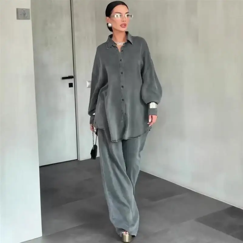 

Fall 2025 Casual Denim Neck Simple Set Women's Fashion Long Sleeve High Waist Pants High Quality Polyester Fiber Wear Re...