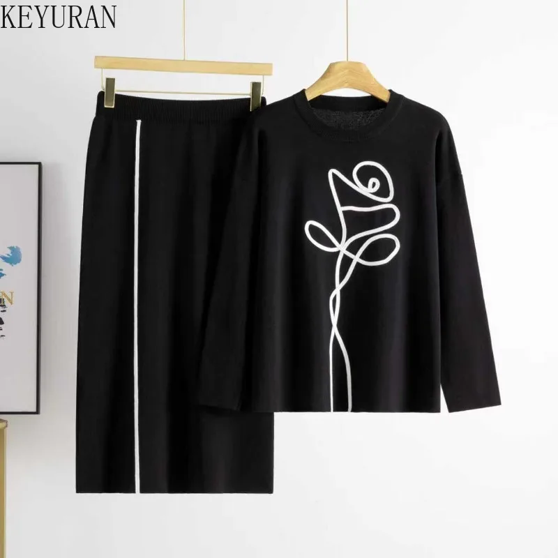 Koreaanse Elegante Bloemen Gebreide 2-delige Sets Vrouwen 2025 Herfst Winter Truien Trui en Hoge Taille Rok Sets Outfits