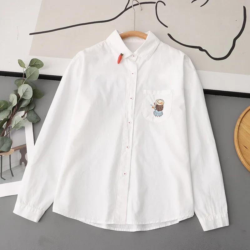 Fall clothes 2024 women spring Japanese fashion cotton cartoon fish embroider white shirt blouses for women long sleeve shirt