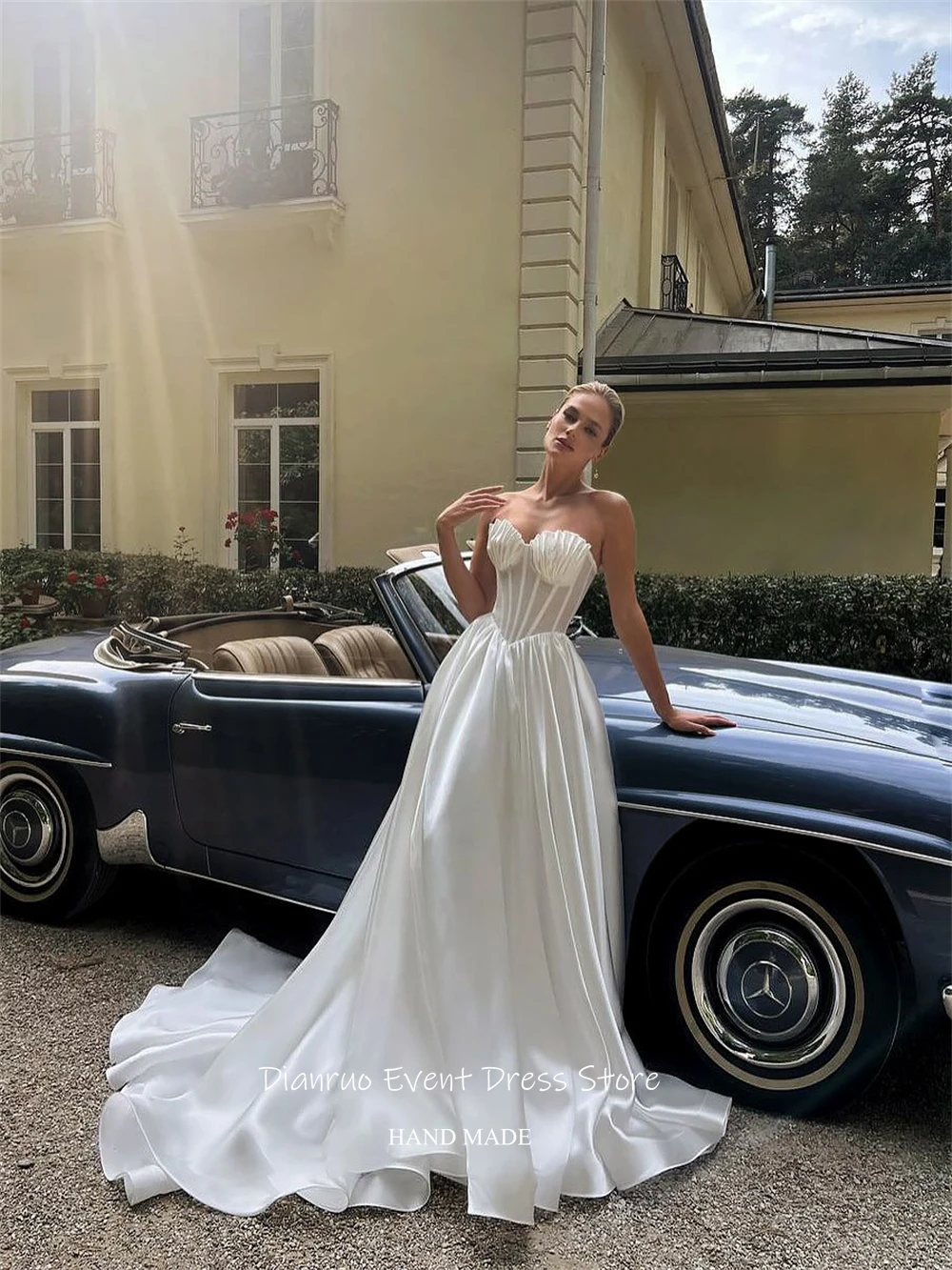 Dianruo A Line Pleated Wedding Dresses Floor Length Bridal Vestido De Noiva Sleeveless Shiny Satin Homecoming Dress Customized