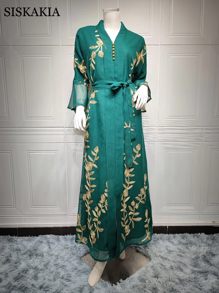 Floral Embroidered Abayas For Women Elegant Muslim Dress Oman Dubai Morocco Kaftan Party Ladies Dresses Ramadan Feminine Clothes