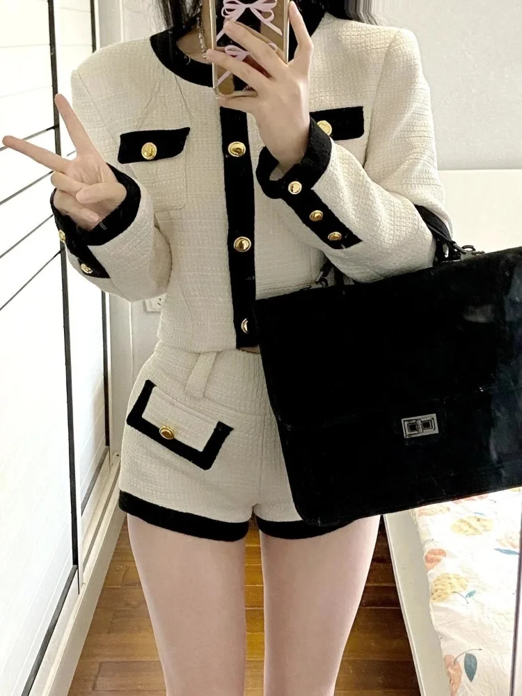 Elegant Short Style Women's Spring 2026 Fashion Set High Waist Slimming Shorts Cardigan Top Quality Polyester Long Sleeve