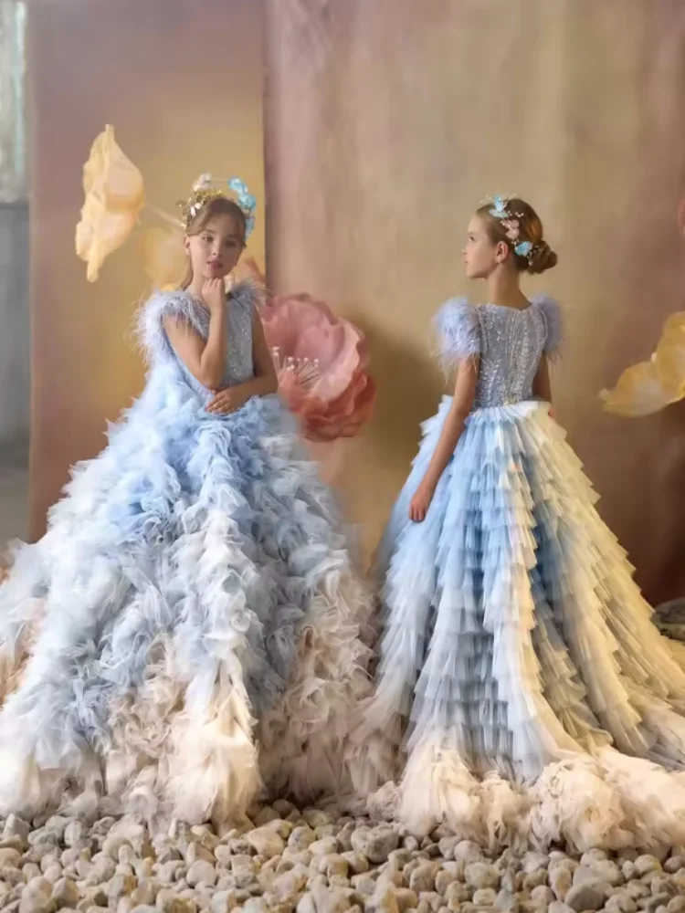 فساتين فتاة الزهور لحفلات الزفاف ذات طبقات مزينة بالريش الرائع للأطفال والمناسبات الرسمية والحفلات المسائية حسب الطلب #6