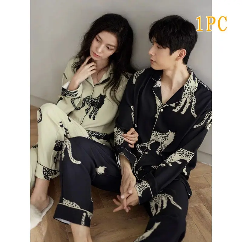 Spring Summer Couple Pajamas Set Female Male Casual Comfortable Animal Print Home Clothing Single-Breasted Long Sleeves Pants