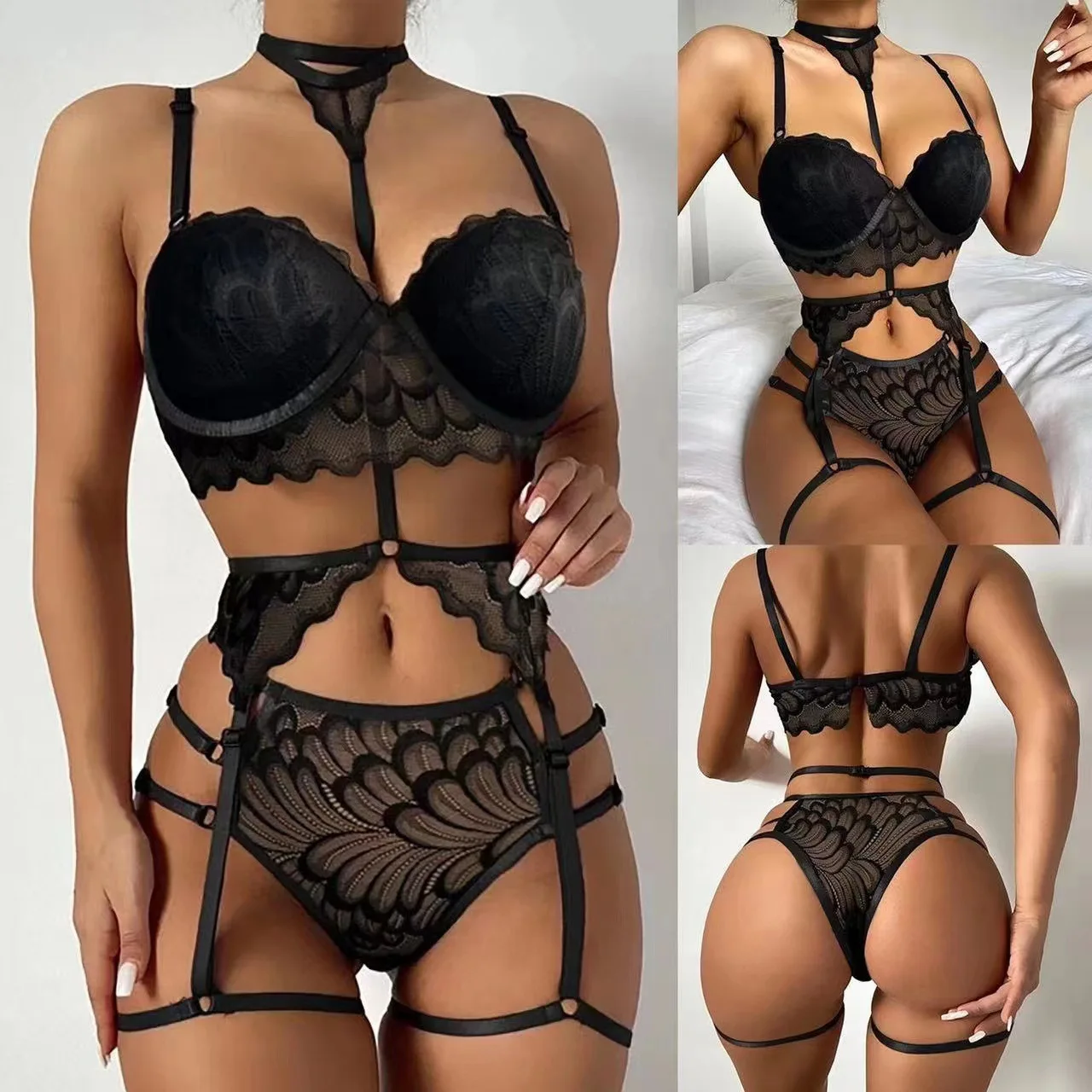 EINYOO Sexy Women's Neck Lace Bra Sexy Lingerie Three Piece Erotic Underwear Leg Loop Sexual Game Sex Brief Sets Traf Y2K Zevity