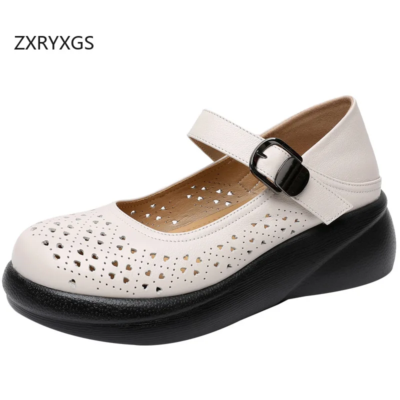 

ZXRYXGS верхний слой из воловьей кожи, легкие дышащие кожаные сандалии на толстой подошве на танкетке, средний каблук, 2025 г., женская обувь больших размеров