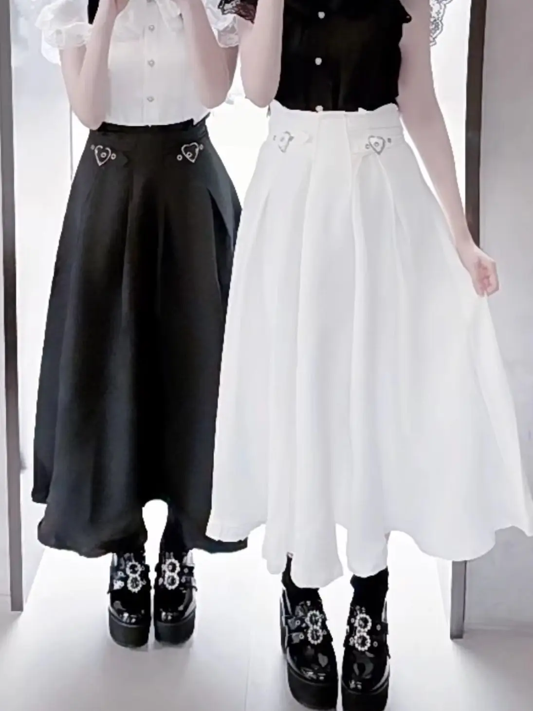 Japanese Mine Mass Skirt Subculture Jirai Kei High Waist Heart Shaped Adjustment Buckle Sweet Lace Black Long Skirt Lady