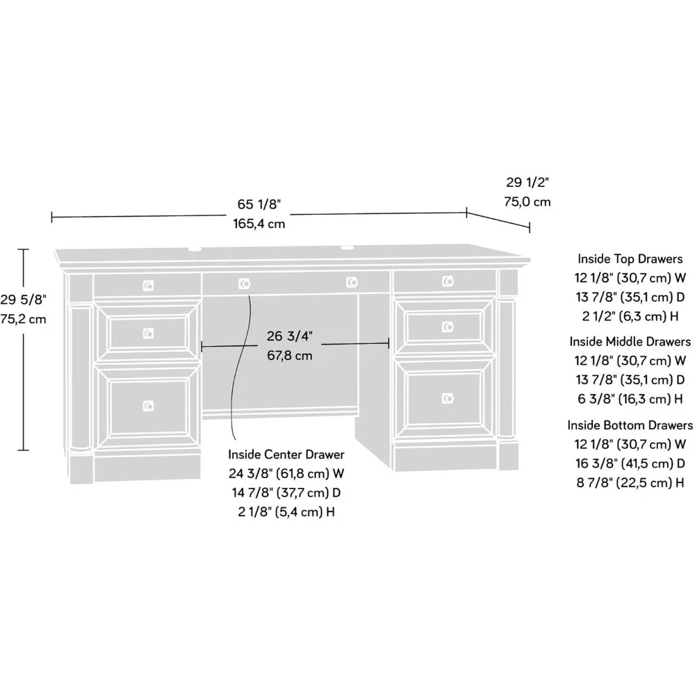 Biurko wykonawcze Sauder Palladia, 29,5" głębokość x 65,1" szer. x 29,61" wys., wykończenie w stylu vintage z dębu