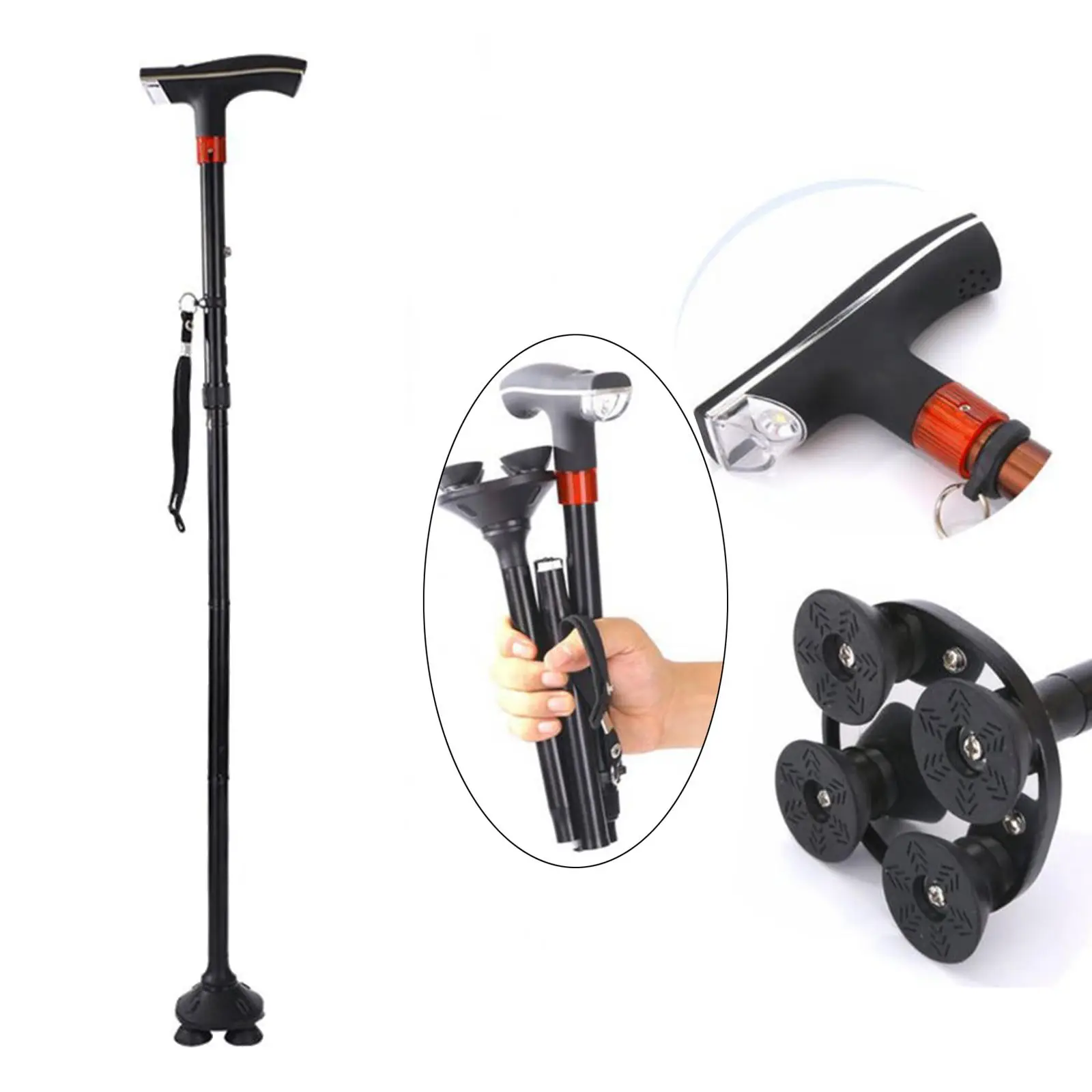 Folding Telescopic Walking Stick with LED Light Buzzer Alarm and Non Slip Handle for Elderly Height Support