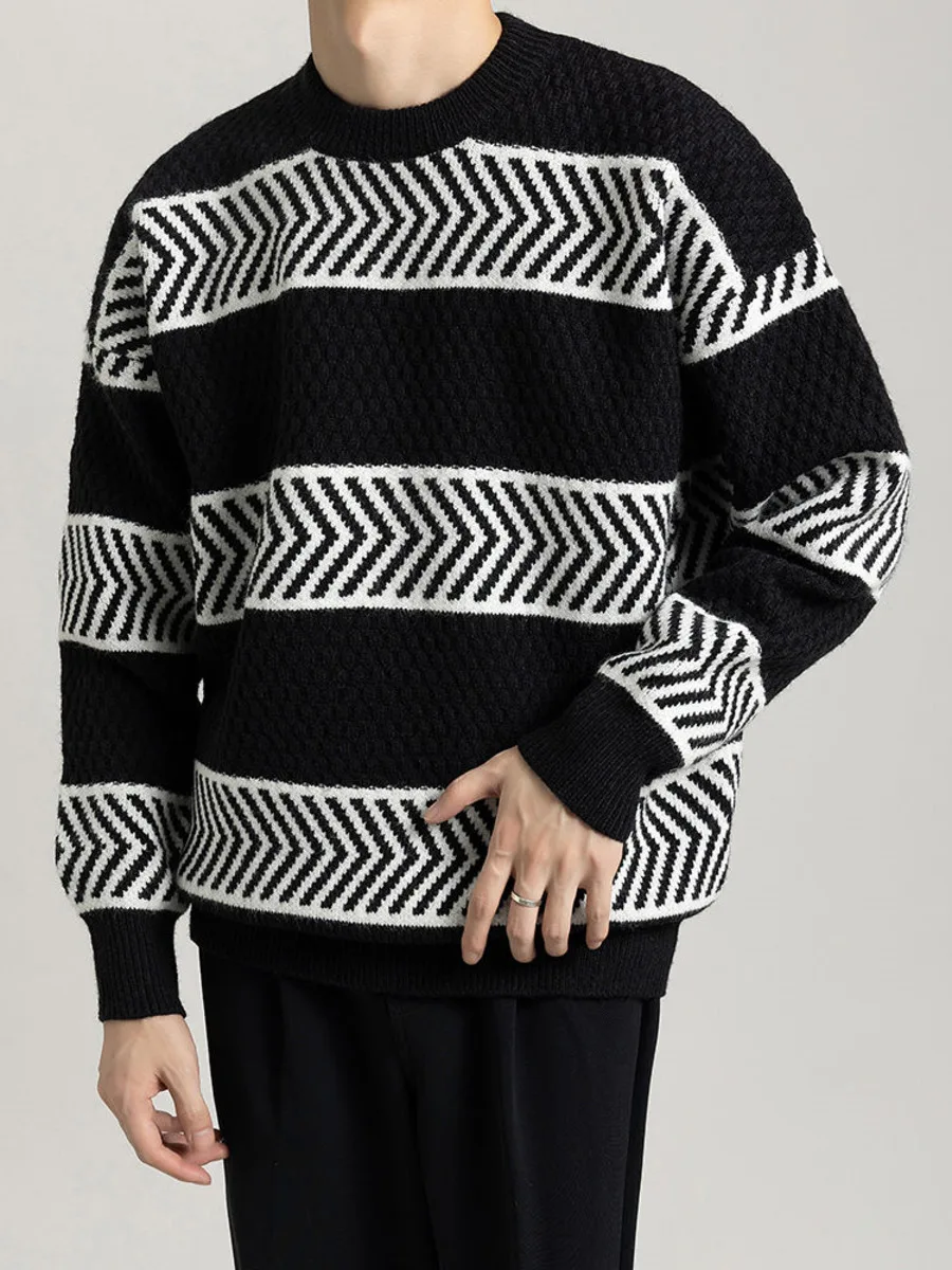 Casual Loose Stripes Pullover Sweater Contrasting Colors Knit Men's Autumn Winter Knitwear Bottom Tops Loose Knitted Clothing