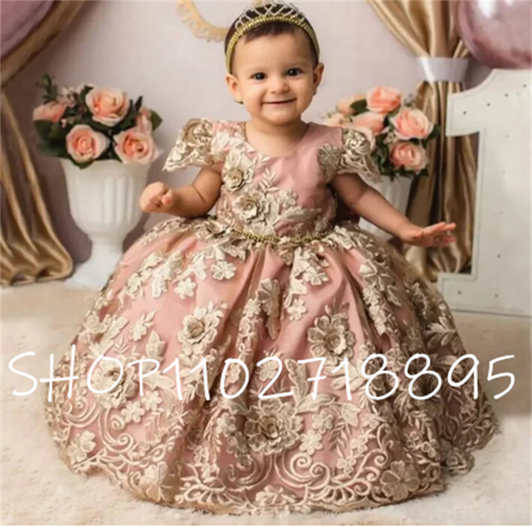 

Adorable Ball Gown Flower Girl Dresses With Bow Sash Beaded Toddler Pageant Gowns 3D Appliqued First Birthday Dress