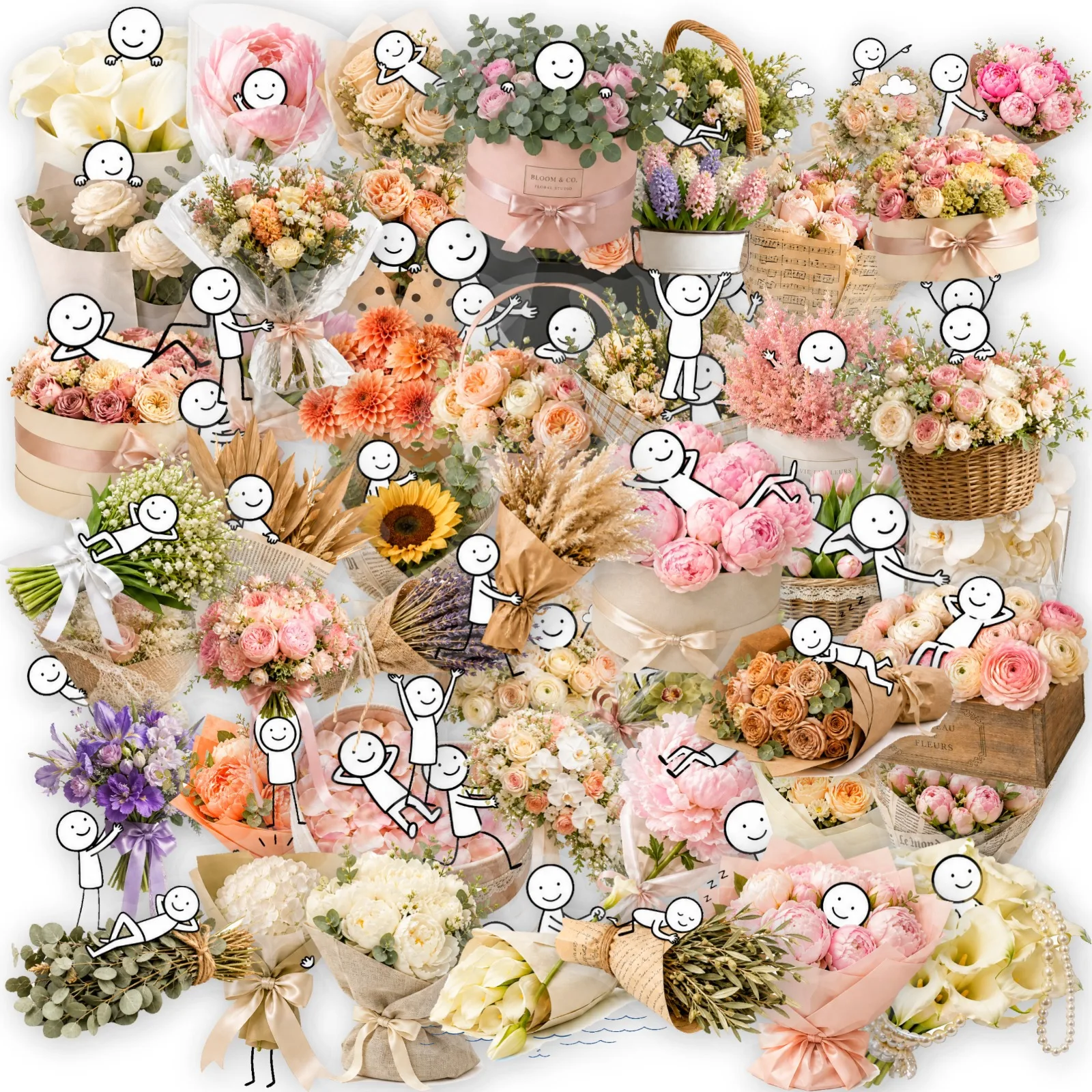 50Pcs Cartoon Stick Figure Bouquet Transparen PET Stickers Fresh Flower Rose Waterproof Decals for Journal Water Bottle Notebook