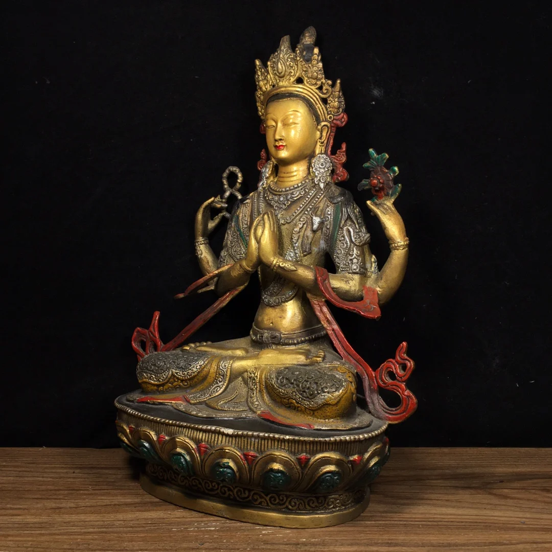 12 "Xizang Folk bronce antiguo cinabrio pintado Tara verde sentado Buda Lotus terraza salón de adoración casa de ciudad