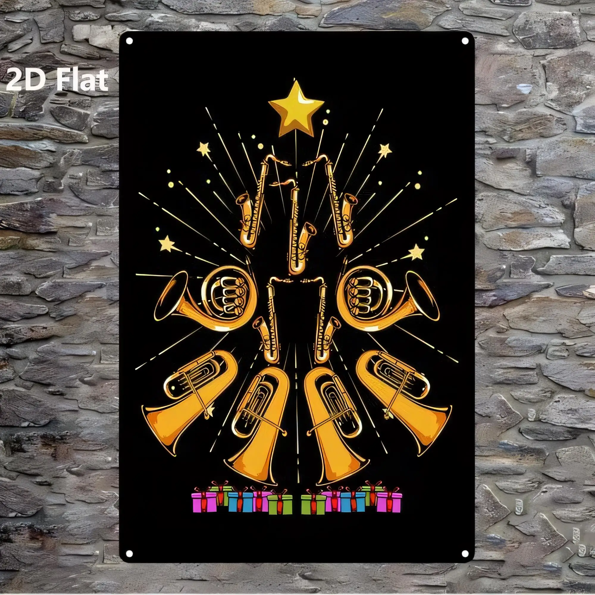 Tin Sign, Vintage Trumpet Music Poster 2D Flat Metal Wall Art, Retro Jazz Instruments Starburst Pattern, Black Gold Brass Color