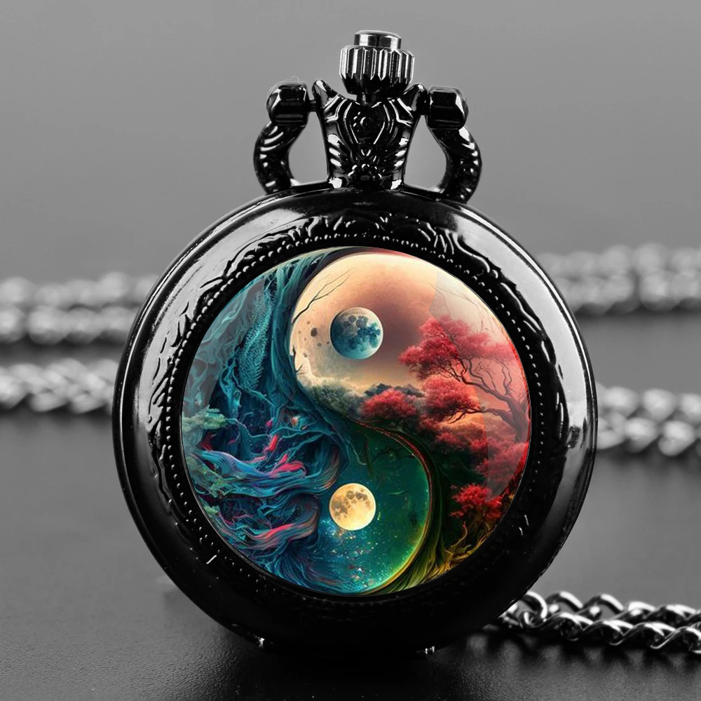 YinYang Orologio da tasca al quarzo nero con cupola in vetro con quadrante con numeri arabi e catena resistente, regalo per uomini e donne
