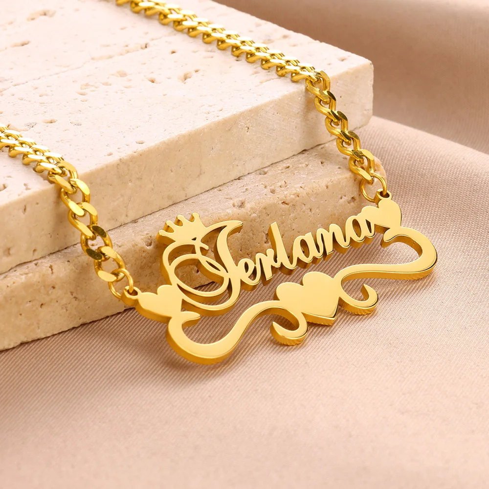 Custom Gold Color Crown Name Necklace Women Girl Jewelry Stainless Steel Cuban Chain Heart Ribbon Nameplate Pendant Necklace
