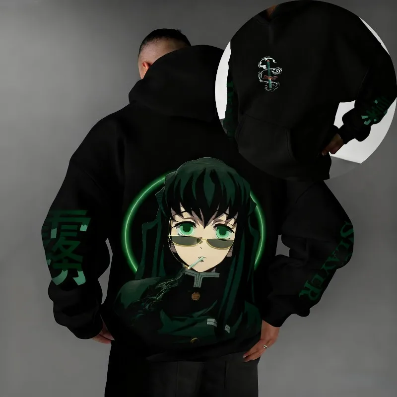 

Мужские осенне-зимние толстовки с капюшоном в японском стиле аниме «Убийца демонов» Obanai, одежда с графикой, хлопковые топы большого размера, пуловер Harajuku Y2k