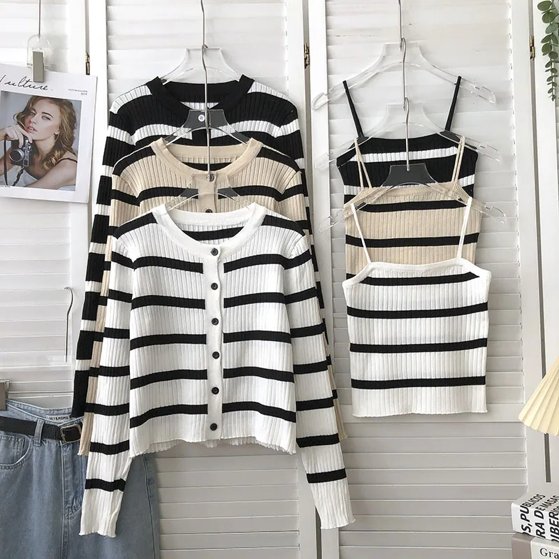 Women\'s Striped Knitting Cardigan Single Breasted Long Sleeved Sweater+Spaghetti Straps Vest Spring Autumn Korean Top 2pcs